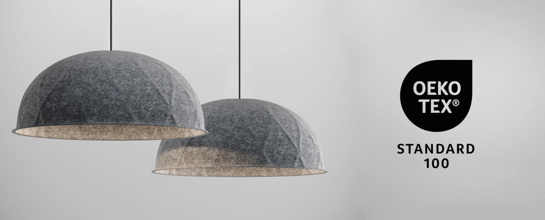 Two gray pendant lights with OEKO-TEX Standard 100 logo on a white background