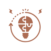 Logo with a light bulb and arrows on a white background