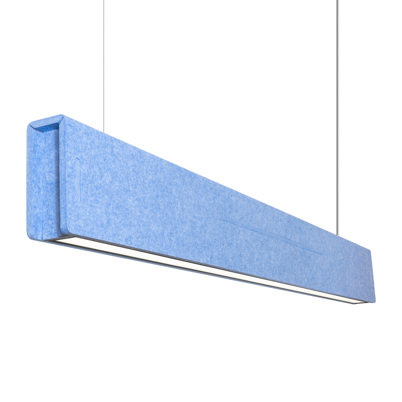 Blue rectangular acoustic pendant light on a transparent background