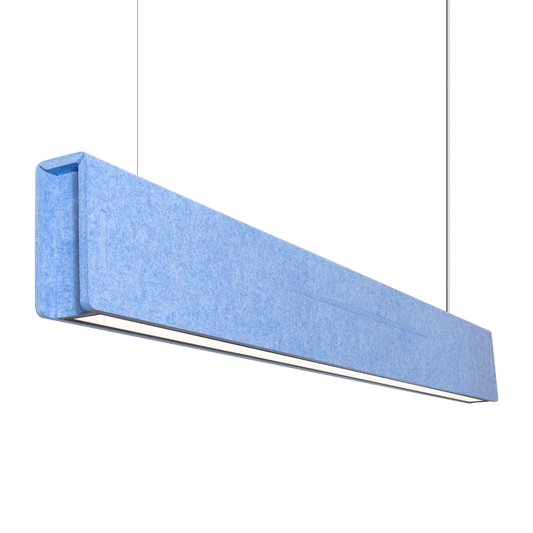 Blue rectangular acoustic pendant light on a transparent background