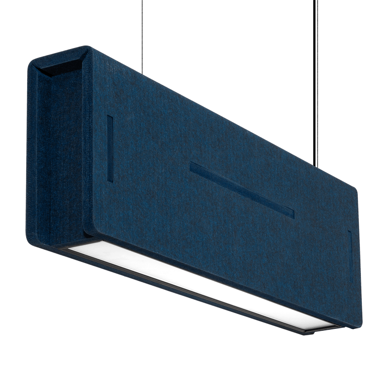 Navy rectangular acoustic pendant light on a white background