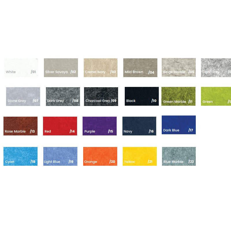 Colour swatch chart with various colour names and codes on a white background