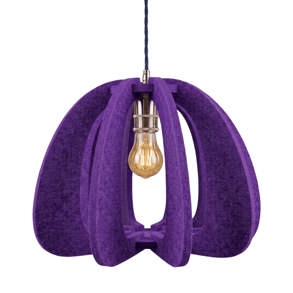 Purple pendant lamp with a visible light bulb on a white background