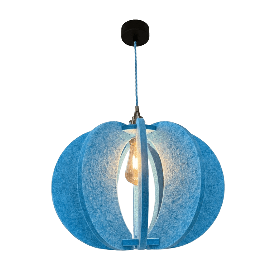 Blue acoustic pendant light with a textured design on a white background