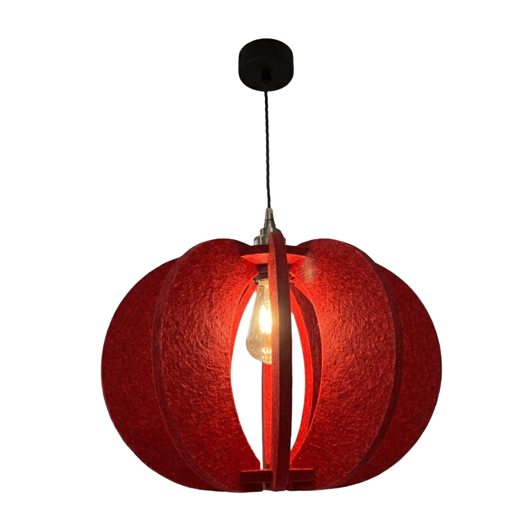 Red acoustic pendant light with a textured design on a white background