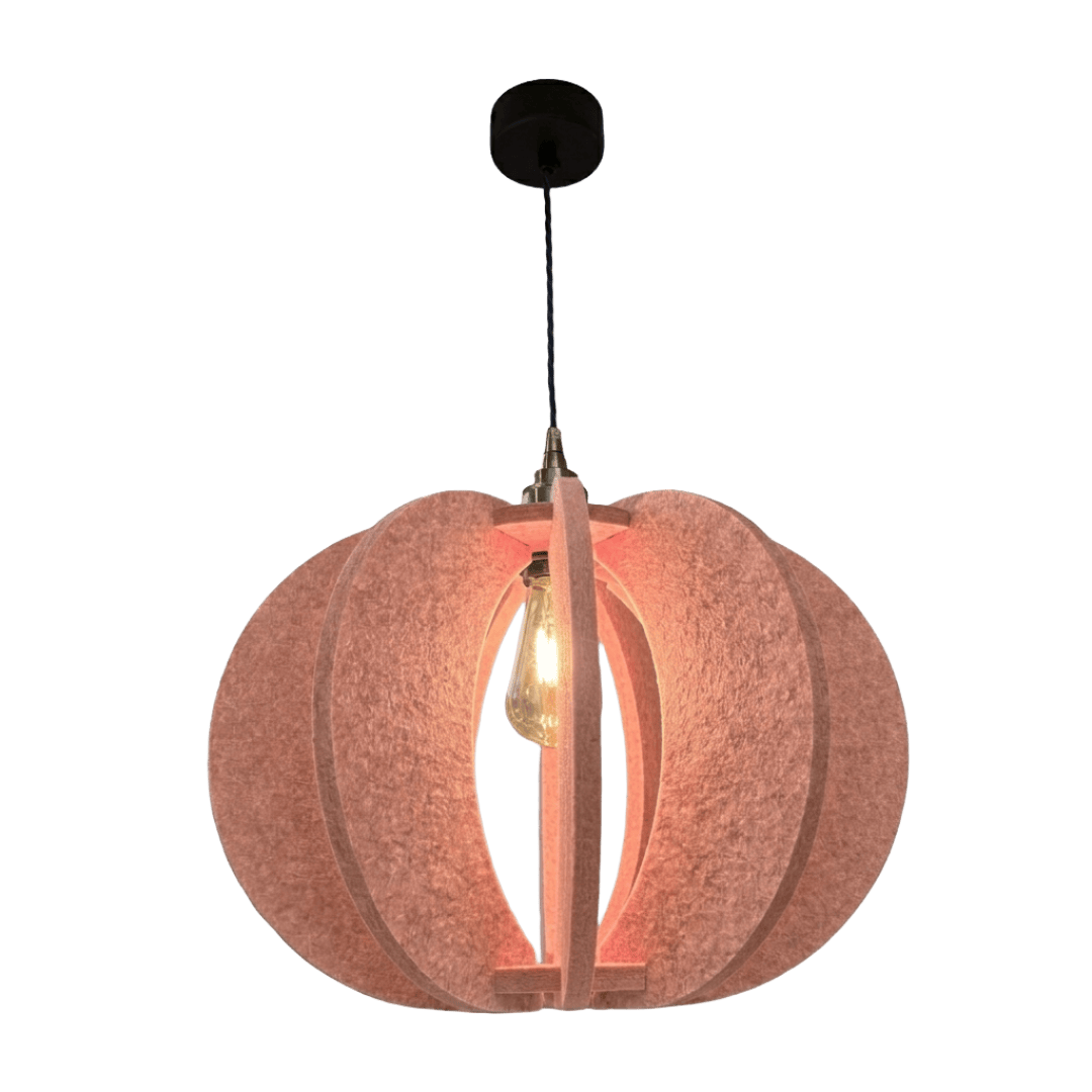 Pink acoustic pendant light with a textured design on a white background