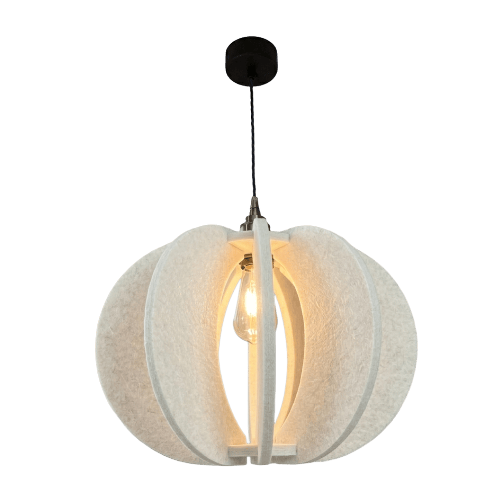 White acoustic pendant light with a textured design on a white background