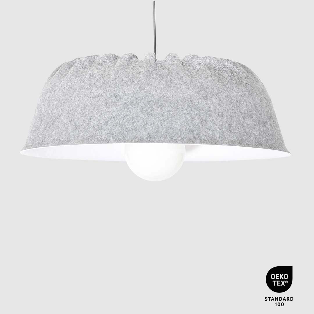 Gray textured pendant lamp on a white background with OEKO-TEX Standard 100 label.
