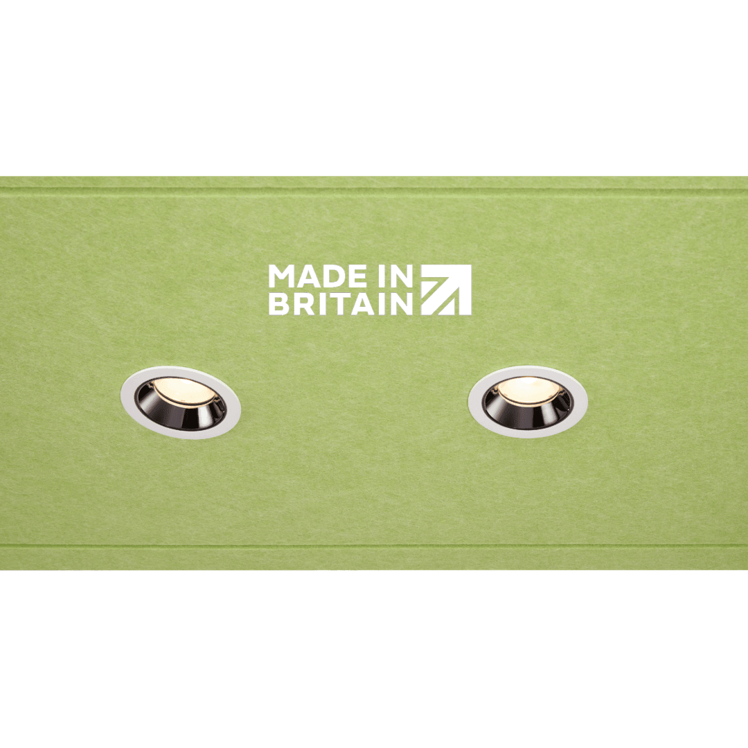 Green acoustic raft with 'Made in Britain' logo on a white background