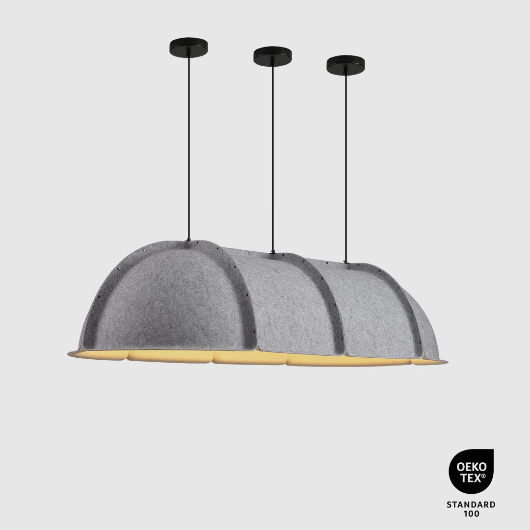 Gray pendant light on a white background, featuring OEKO-TEX Standard 100 certification.
