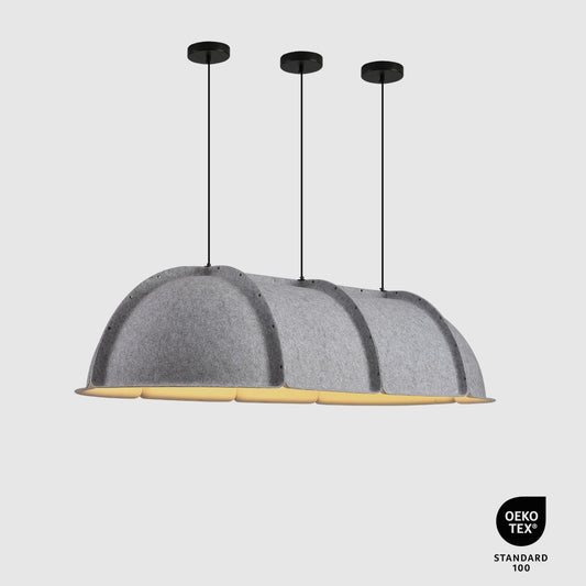 Gray pendant light on a white background, featuring OEKO-TEX Standard 100 certification.