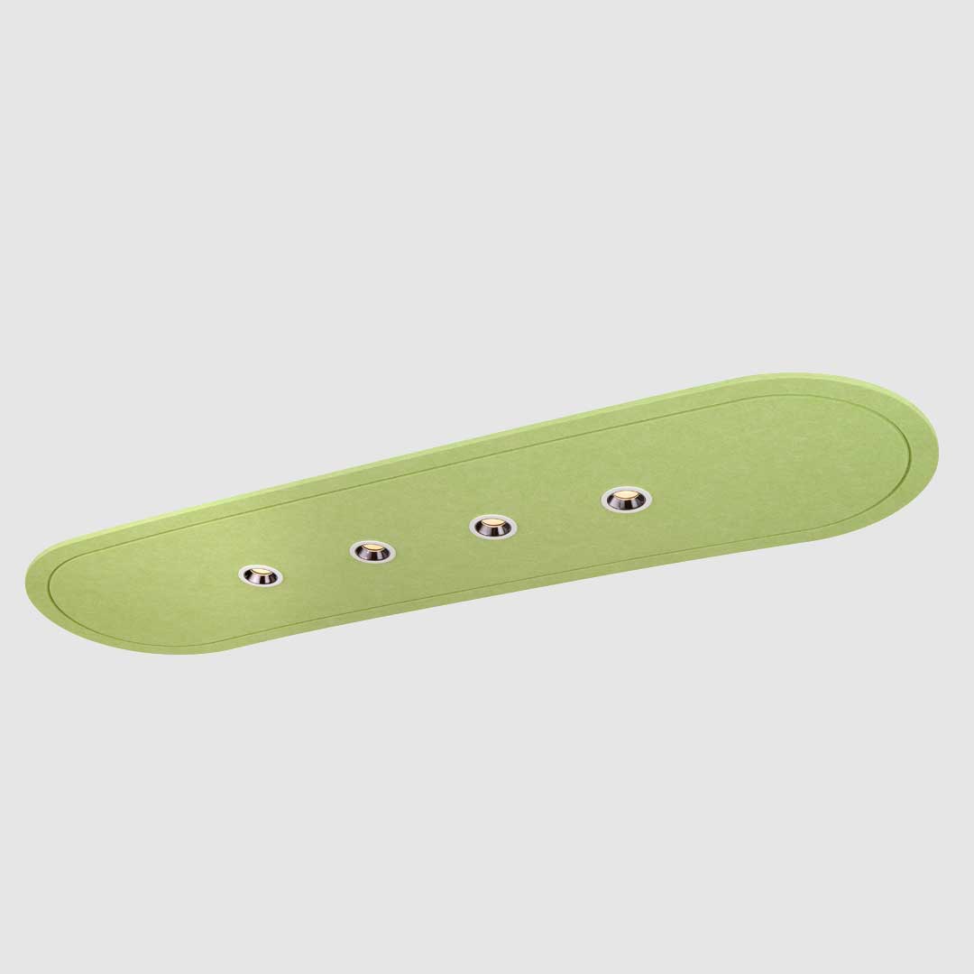 A green acoustic raft ceiling light with 4 downlights.