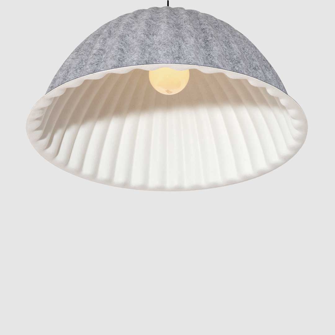 Looking up at the grey felt acoustic Silent ceiling fitting. The pendant has a beautiful ribbed design and the inside of the pendant is white.