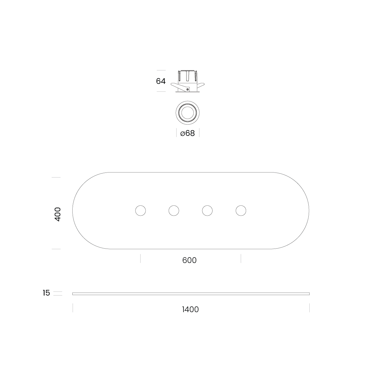 Measured diagram for the Encore acoustic ceiling fitting.