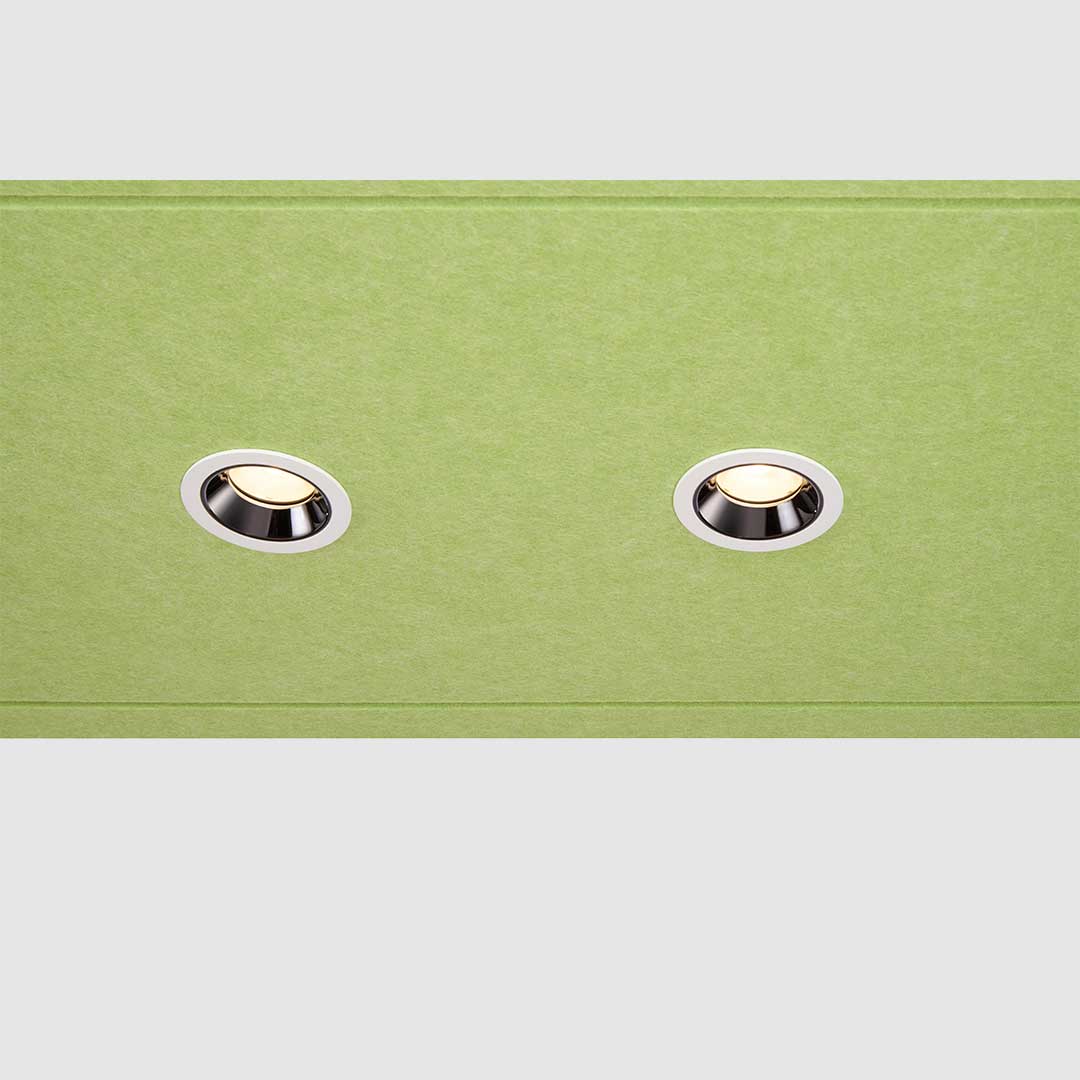 Close up of a green acoustic raft ceiling light with 4 downlights.