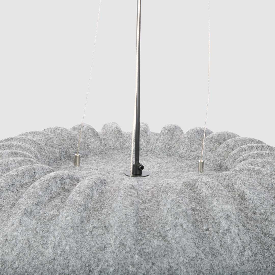 Close up of the top ribbed detailing of grey acoustic lighting pendant Tempo.